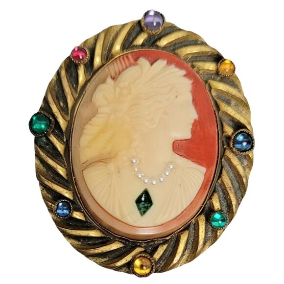 Gold Plated Brass Painted Glass Cameo Gripoix Style Cabochons C Clasp Pin Brooch